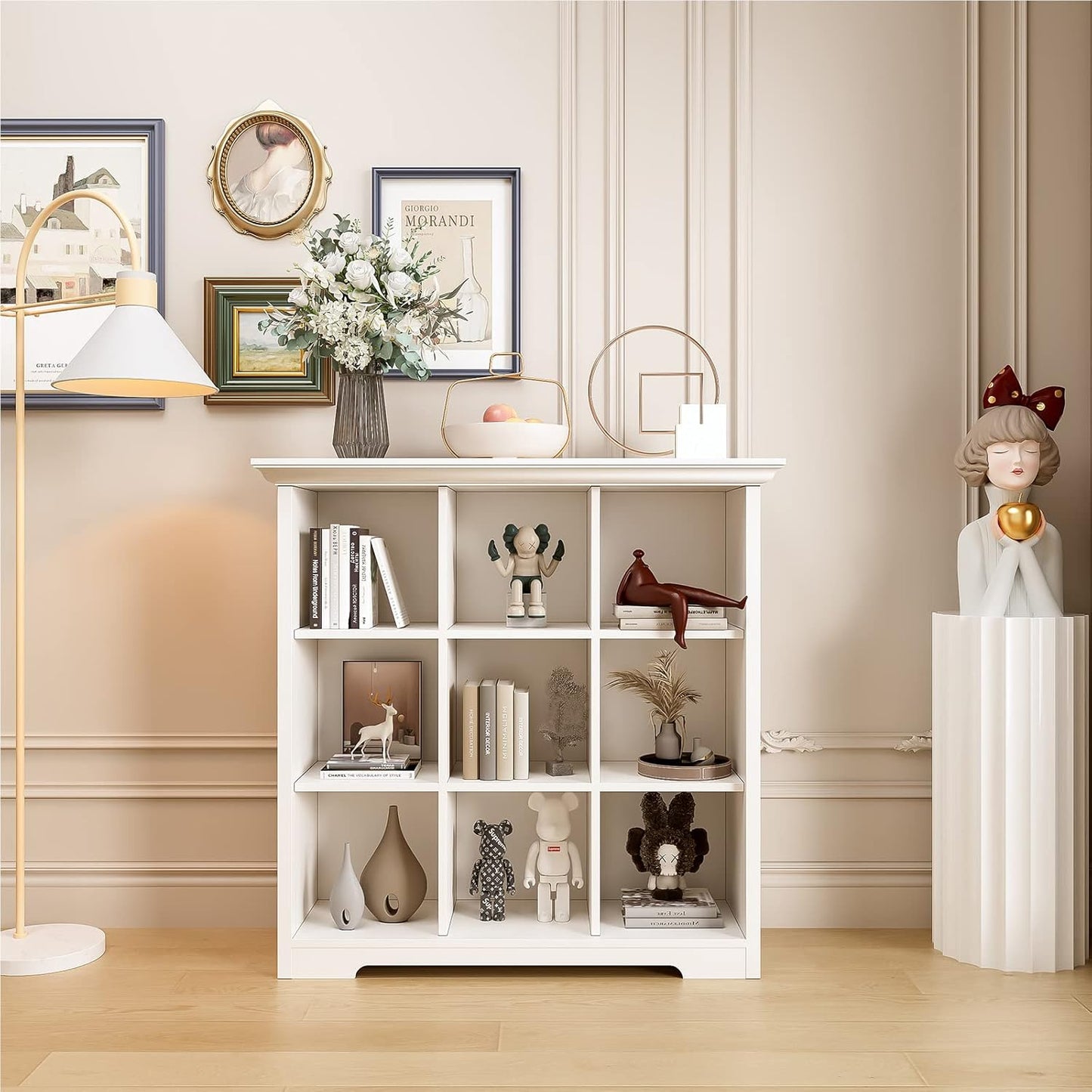 Wooden Cube Shelf Bookcase - Modern 3 Tiers Floorstanding Open Bookshelf with Base for Home and Office, 9 Cubes Storage Cabinet, Warm White