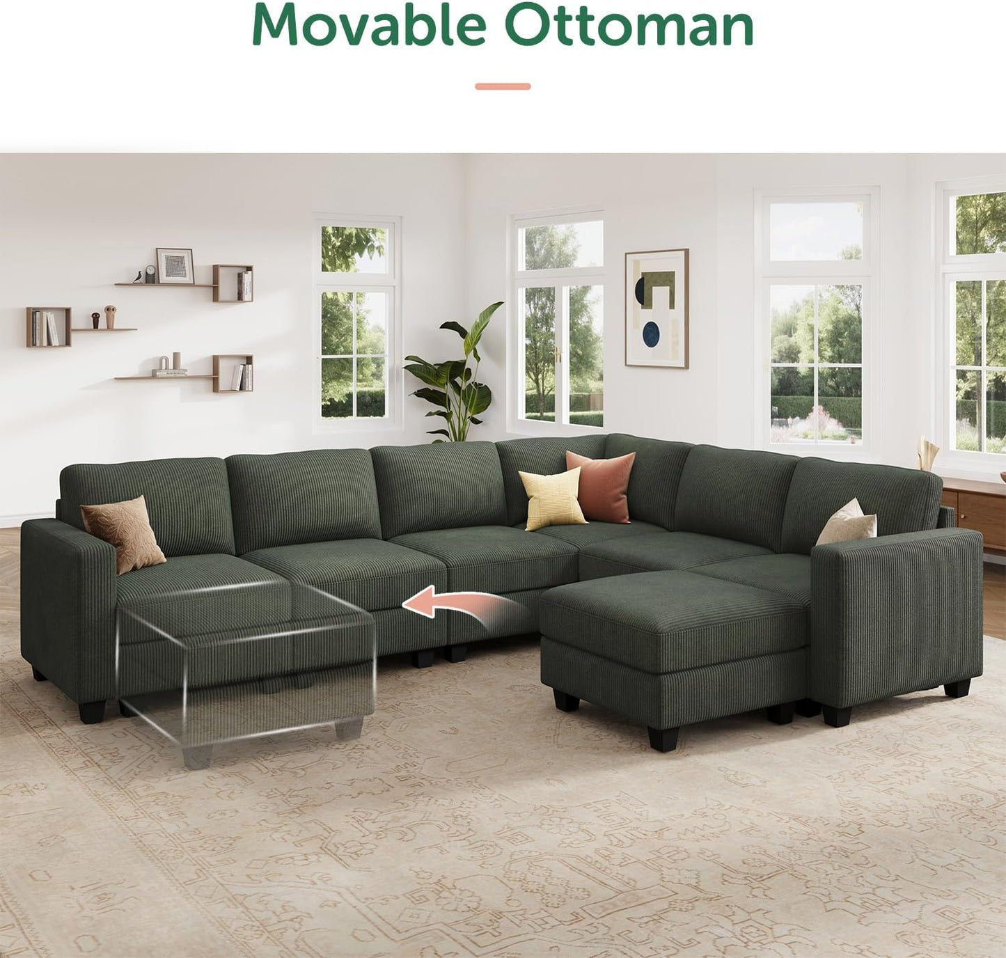 HONBAY Corduroy Sectional Sofa with Storage, U Shape Modular Sectional Sofa with Chaise, Modular Couches for Living Room, Green