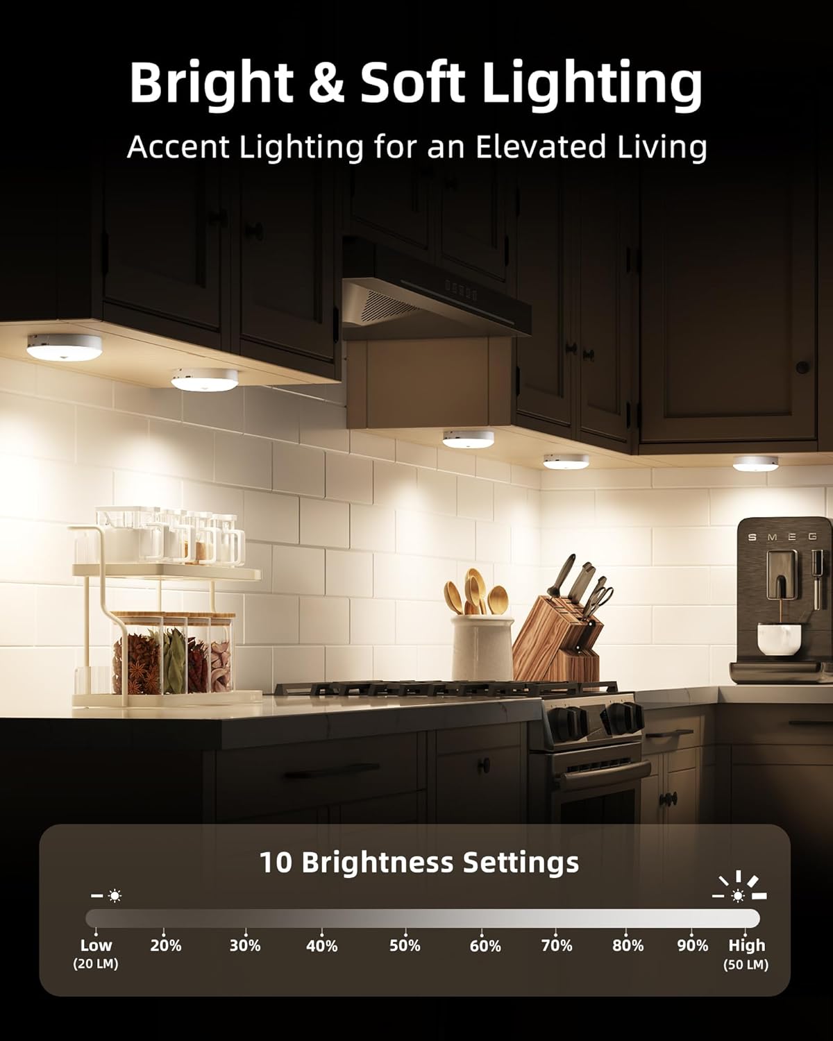 EZVALO 6-Pack Under Cabinet Lighting, Rechargeable Motion Sensor Puck Lights with Remote, 3 Color Temps &12 RGB Colors, Magnetic Stick on Light, Dimmable Under Counter Lights for Kitchen, Shelf, Stair