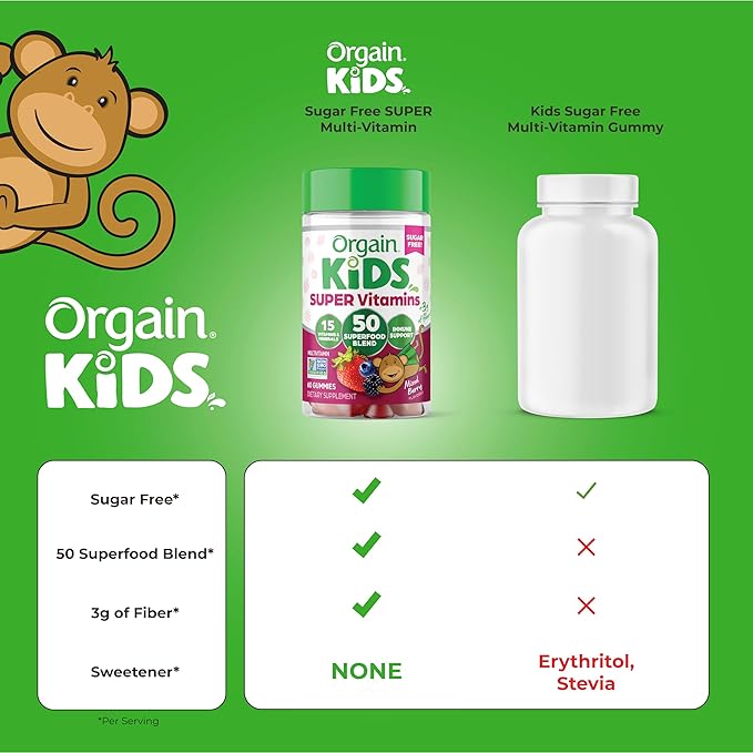 Orgain Kids Sugar Free Multivitamin Gummies, 50 Superfoods, 15 Vitamins 3g of 4+, 1 1 Month (60 Gummies)