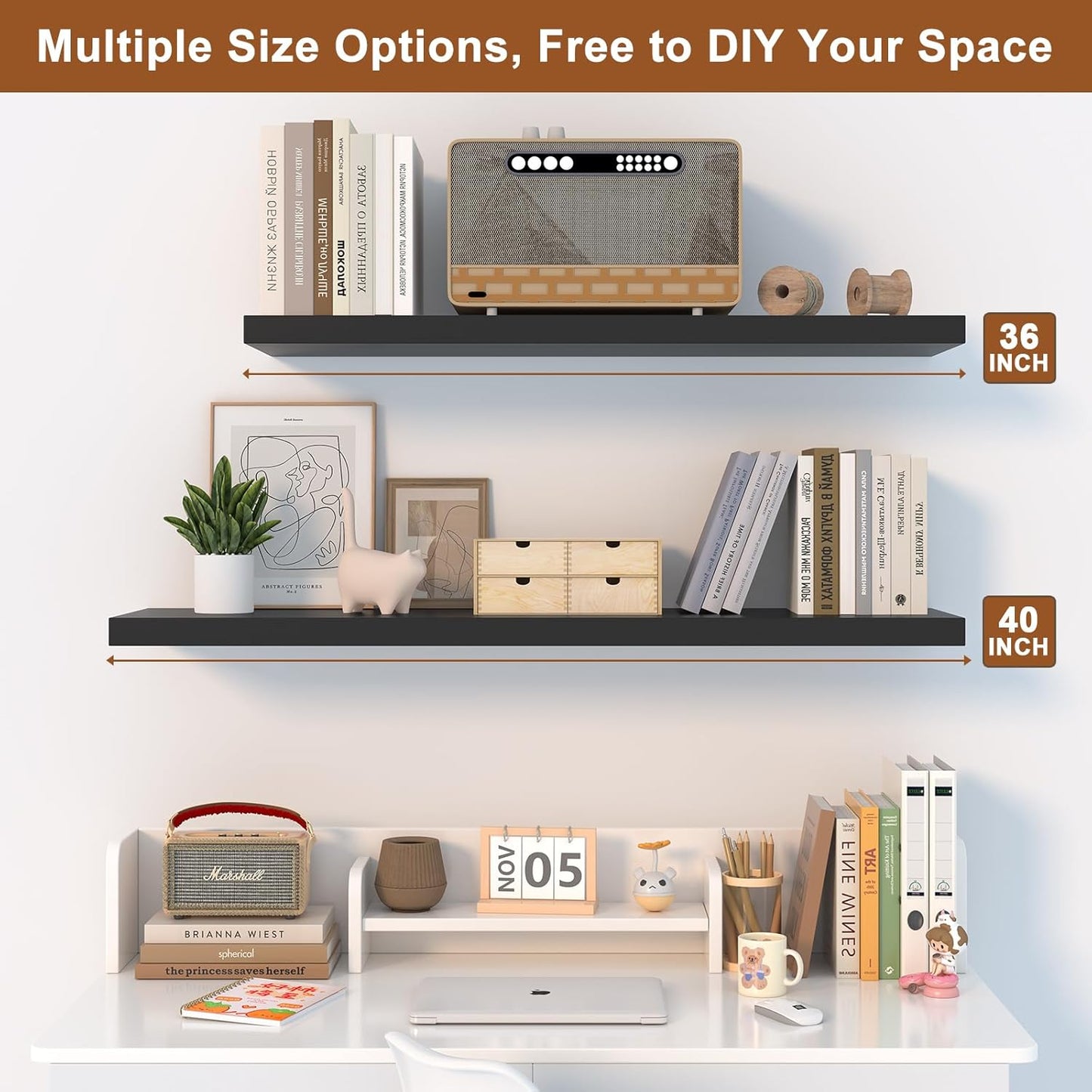 40 Inch Floating Shelf 3 Pack Large Floating Shelves for Wall No Drilling Accessories Included Deep Wall Shelves for Living Room Kitchen Farmhouse 40" W x 12" D x 1.2" Black