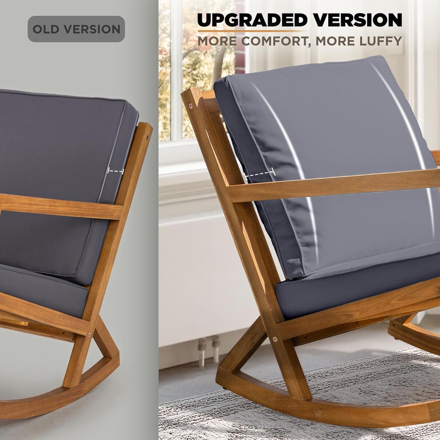 IDZO Premium Club Rocking Chair 500lbs Capacity with Inclined Backrest, Thick Foam Cushion, Solid Acacia Wood Rocker for Patio, Backyard, Balcony, Porch