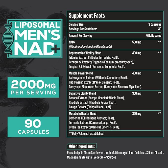 2000MG NAD+ Supplement for Men, Liposomal NAD+ for Cellular Energy, Brain, Muscle, Repair, 5-in-1 Formula NAD+, 99% Absorption, NAD+ Supplement Pure Organic, Made in USA, 180 Vegan Capsules