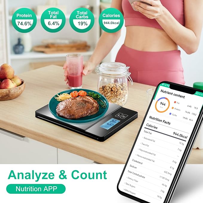 Smart Food Scales for Kitchen, Stainless Steel Digital Food Scale Grams and Ounces with Nutritional Calculator App, Food Weight Scale for Weight Loss, Calorie, Diet, Meal Prep 0.1oz / 11lb
