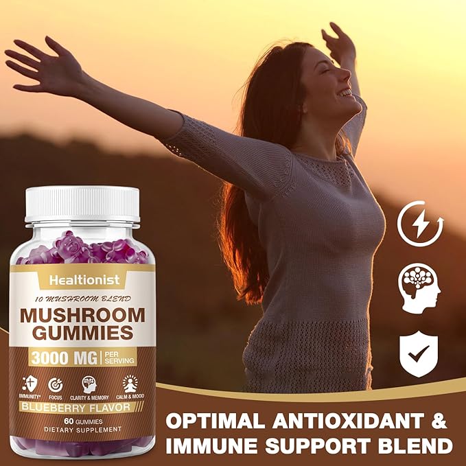 3000MG Mushroom Complex Gummies 10 Blend - Lion's Mane Gummies for Adults, Cordyceps, Shiitake, Reishi, Chaga, - Brain, Immune Support & Stress Relief, Energy, Mushroom Supplement for Men & Women 60ct