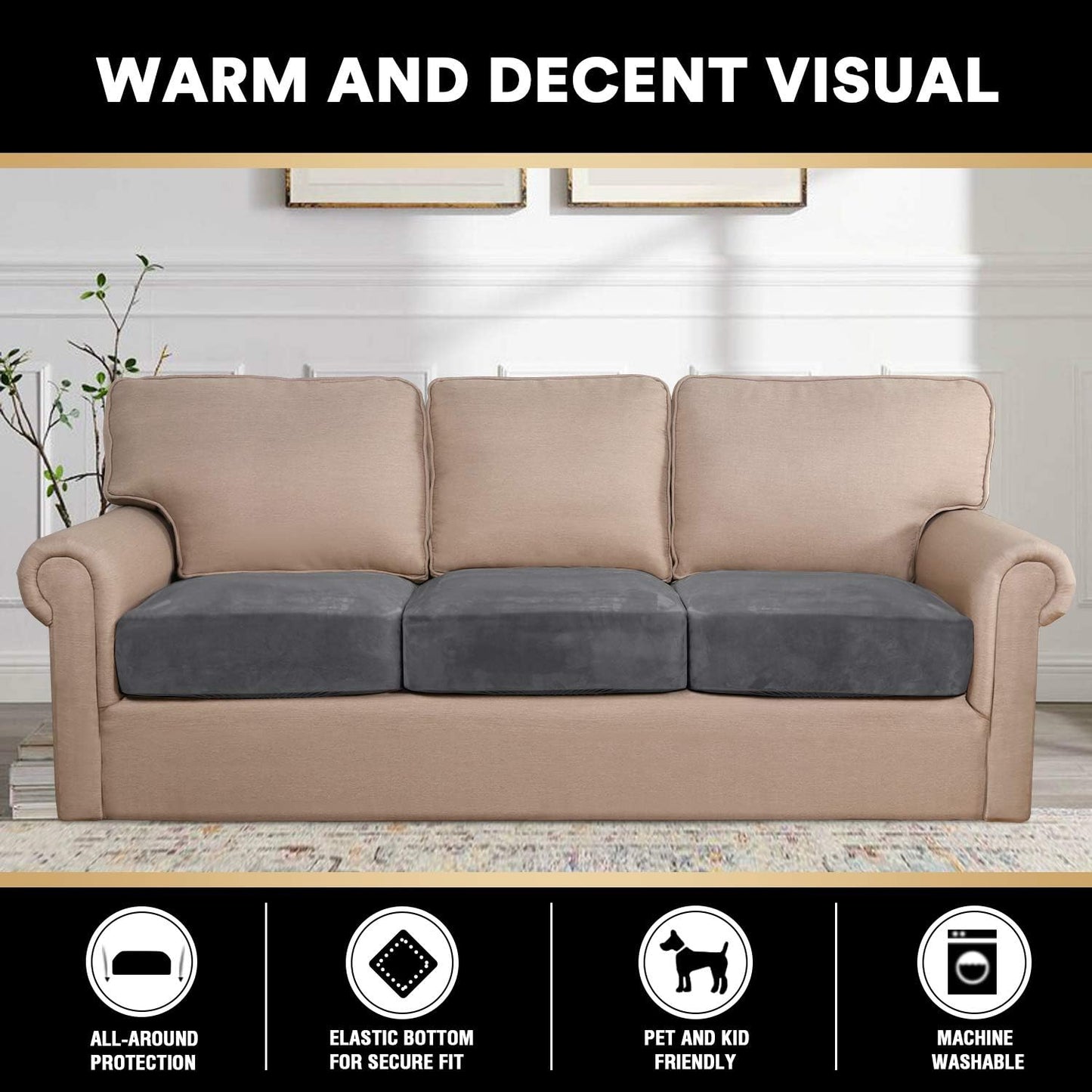 PrinceDeco Stretch Sofa Cushion Covers for Couches and Sofas,Soft Velvet Couch Seat Covers, Sofa Covers Washable, Seat Cushion Cover for 3 Couch Sofa Pet Friendly - Grey, Each Width Up to 29.5"