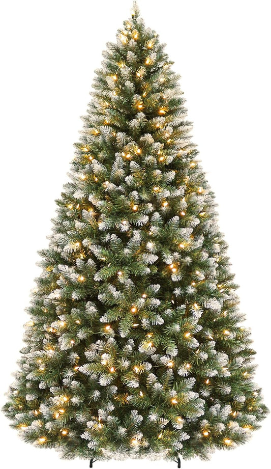 Hykolity 6 ft Prelit Christmas Tree with 250 LED Warm White Lights, Partially Snow Flocked Artificial Tree, 1032 PVC Branches, Metal Stand and Hinged Branches, Holiday Decoration for Home