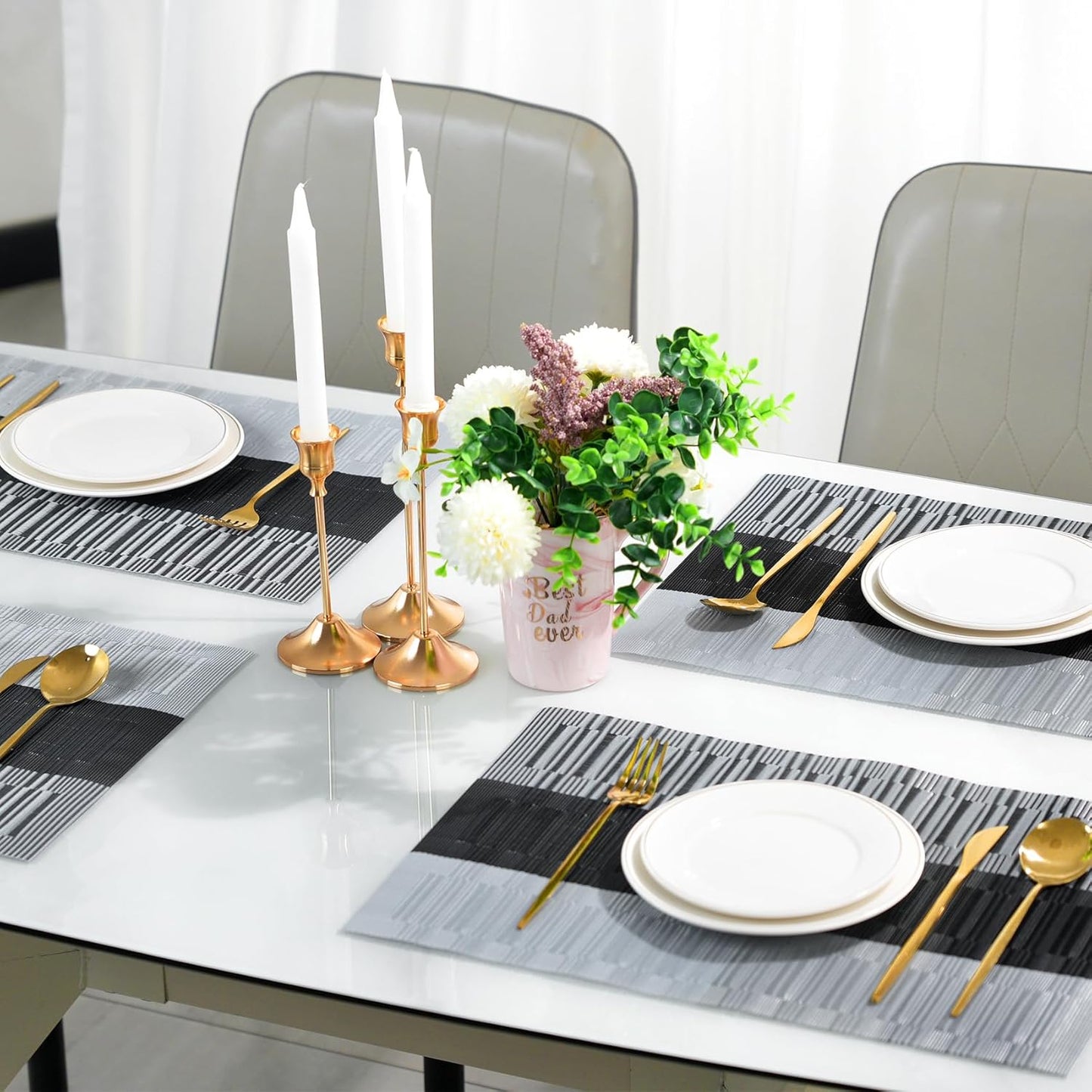 Placemats Set of 6,Non-Slip PVC Weave Table Mats Easy to Clean,Heat Resistant Place Mats for Kitchen Dining Table Decoration Indoor Outdoor,Black Gray