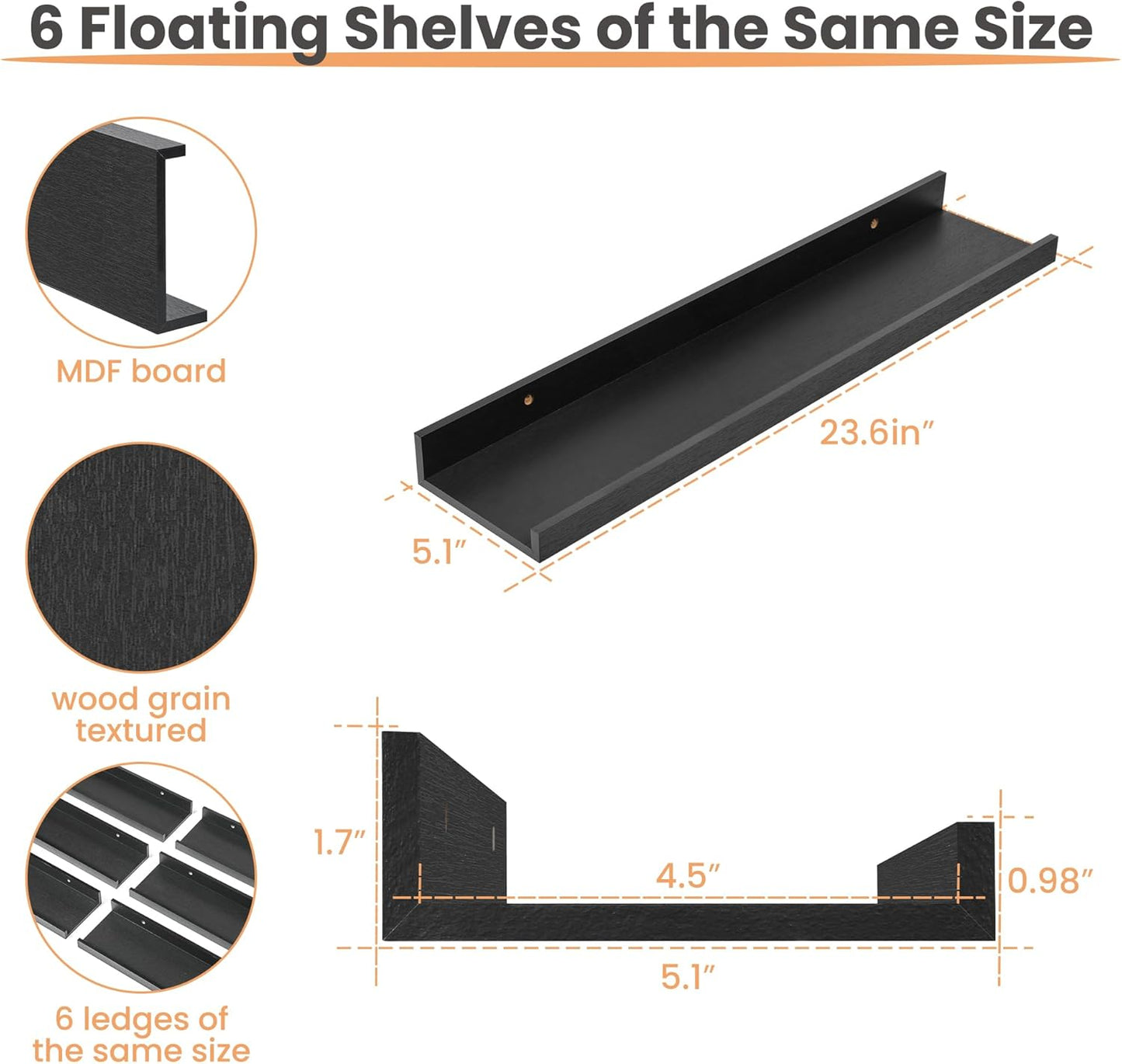 upsimples Floating Shelves for Wall, Wall Shelves for Decor Storage Set of 6, Wall Mounted Wood Shelf for Bedroom, Living Room, Bathroom, Kitchen, 23.6 inch Long Picture Ledge Shelf, Black