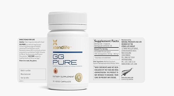 Xtendlife GG Pure - Geranylgeraniol (GG) Cardio Health and Healthy Aging- Helps Prevent Statins from Lowering CoQ10, 30 Capsules (1 Month Supply)