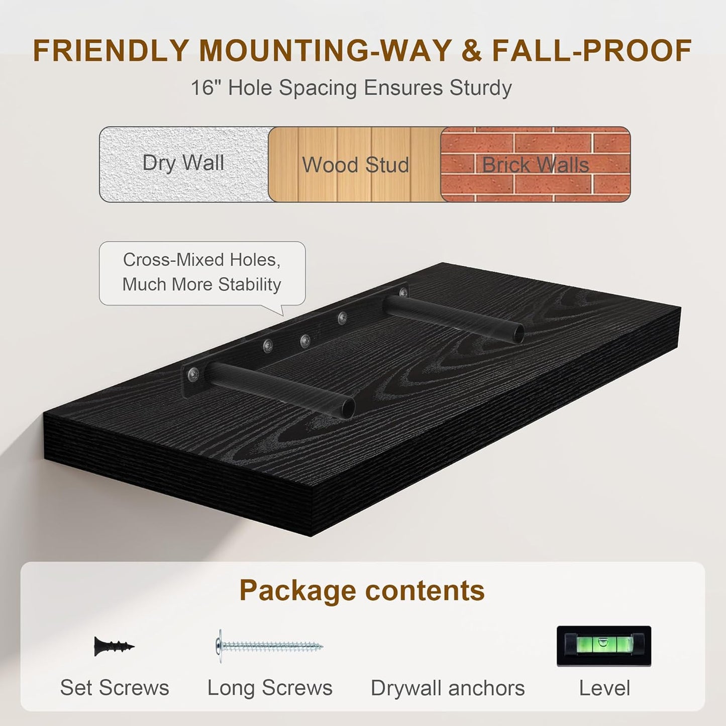 Fun Memories Rustic Black Floating Shelves 24 Inch Long, 8 Inch Deep Floating Shelf, 24 x 8 Wall Shelves Set of 2, Deep Black Bathroom Shelves, 24 Long Floating Bookshelf Wall Mounted