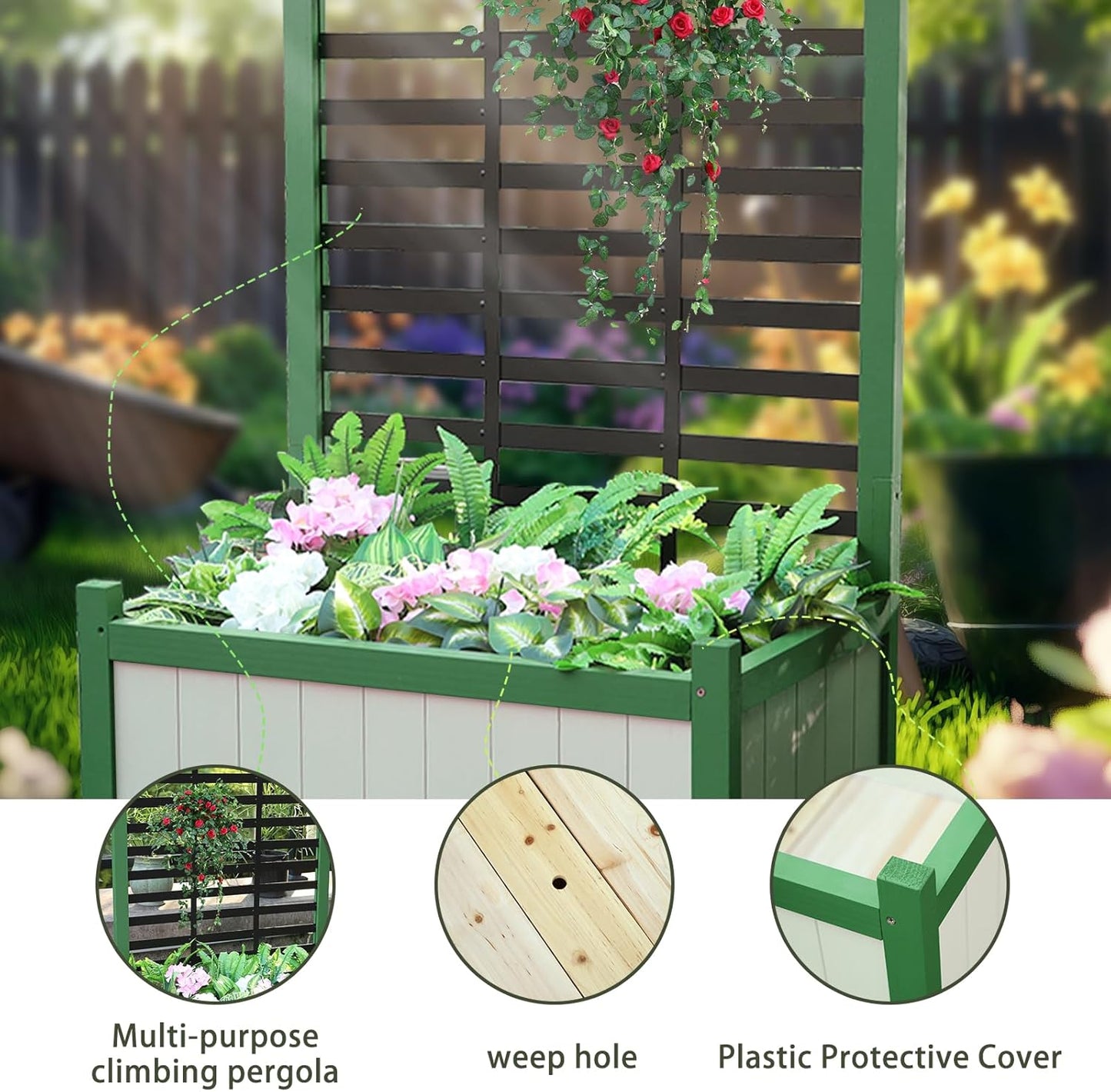 Wood Planter with Trellis Raised Garden Bed for Climbing Plants Elevated Wooden Planter Box,Outdoor Gardening Planting Bed to Grow Vegetables Climbing Plants Herbs Flowers(Green)