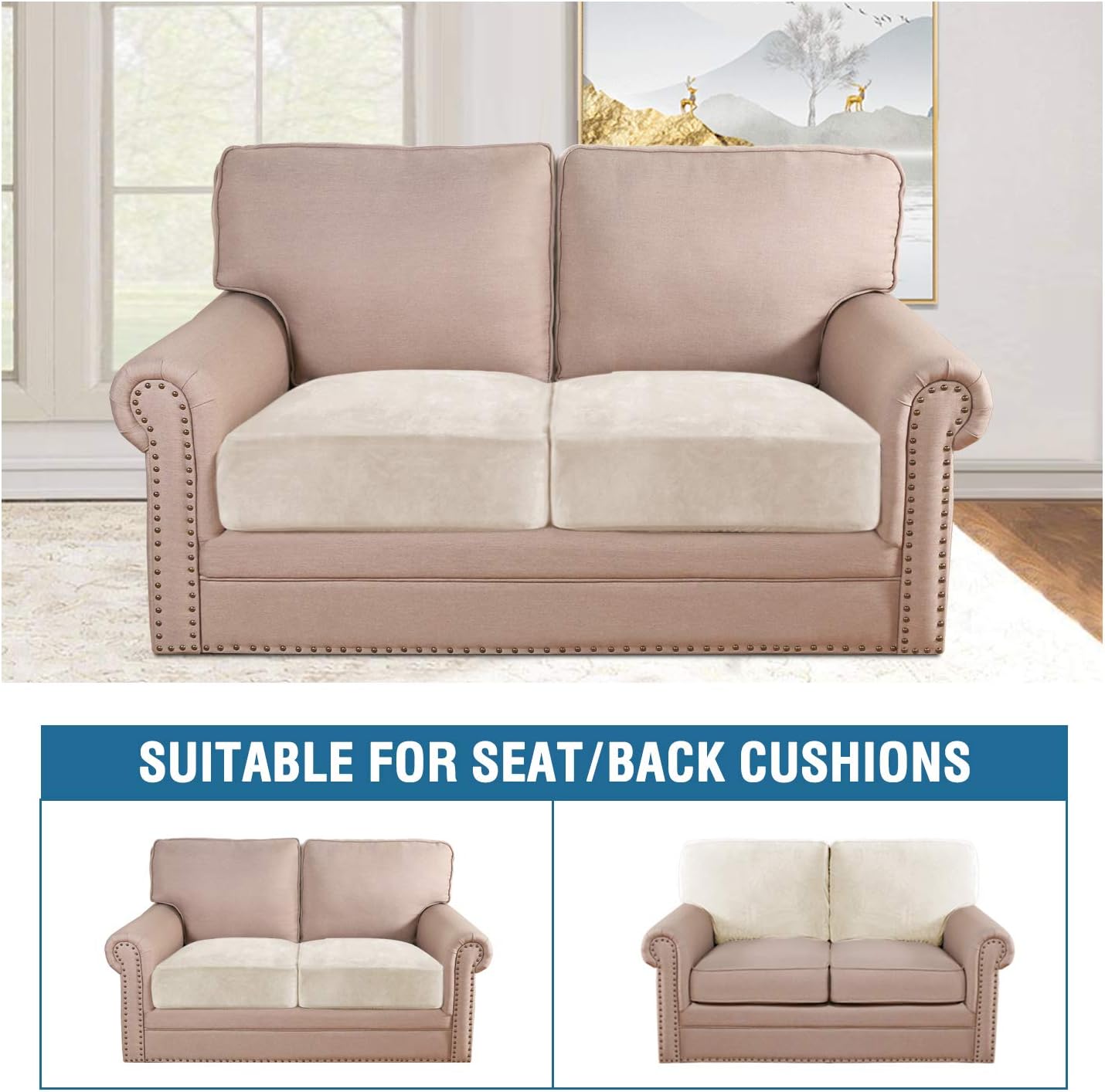 H.VERSAILTEX Velvet Stretch Couch Cushion Cover Plush Cushion Slipcover for Chair Loveseat Sofa Cushion Furniture Protector Seat Cushion Sofa Cover (2 Piece Large Sofa Cushion Covers, Ivory)