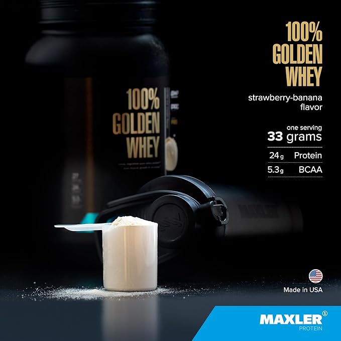Maxler 100% Golden Whey Protein - 24g of Protein per Serving - Premium Whey Protein Powder for Pre Post Workout - Fast-Absorbing Whey Concentrate, Isolate & Hydrolysate Blend - Strawberry Banana 5 lbs