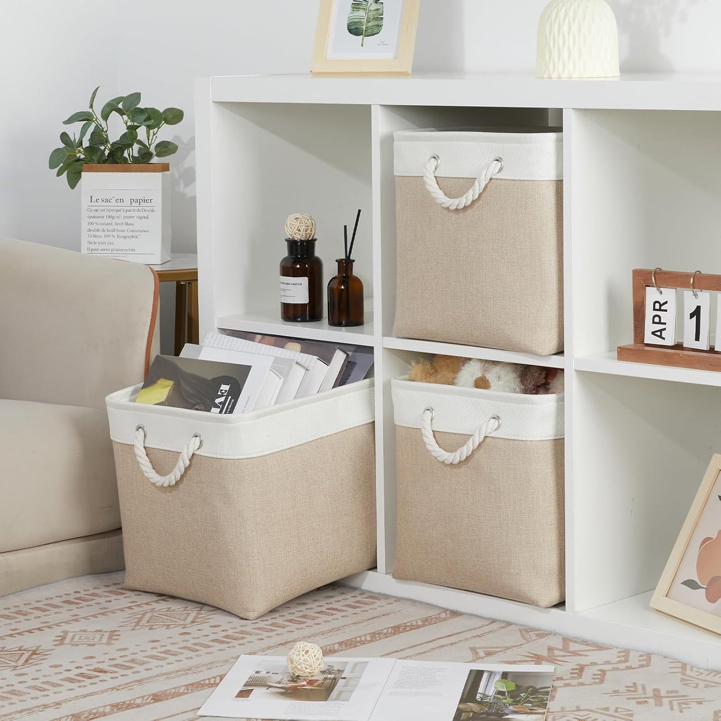 Bidtakay Large Storage Baskets for Organizing Fabric Closet Organizers Storage Bins with Handles 3-Pack 16x11.8x11.8 Inch Collapsible Baskets for Shelves Clothes Home Organization L-White&Beige