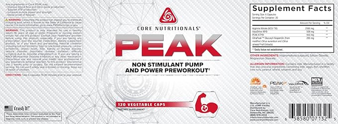 Core Nutritionals Peak, Non-Stimulant Preworkout with VasoDrive-AP® and Peak ATP® for Pumps and Endurance, (120 Count)