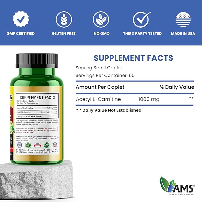 America Medic & Science Acetyl L-Carnitine 1000mg (60 Tablets) | Dietary Supplement for Men and Women | Promotes Energy Production | Supports Brain Health | Helps Improve Memory and Focus