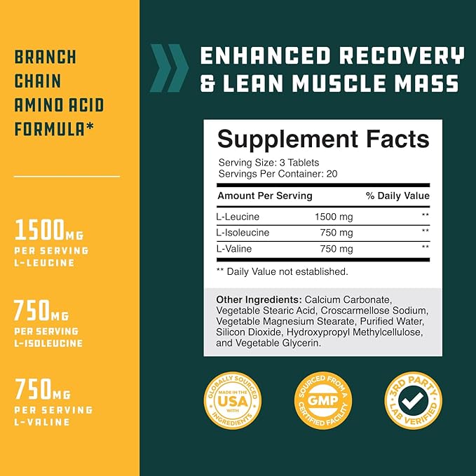 Branch Chain Amino Acids Supplement - Vegan BCAA Tablets Post Workout Muscle Recovery and Muscle Growth Support - Branched Chain Amino Acids Supplement for Men and Womens Workout Recovery 60 Count