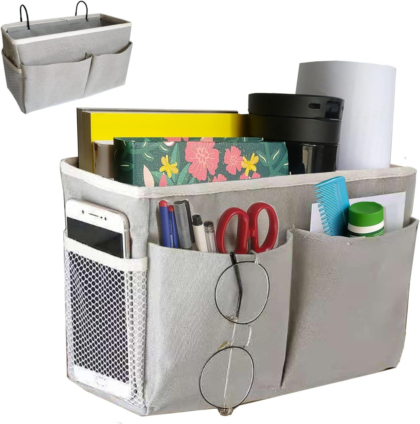 Bedside Caddy, Bedside Hanging Storage Organizer for College Dorm Bed, Bunk and Hospital Beds, Can be Placed Books, Phones,Keys, Glasses,Magazine Holder (Grey, 1)