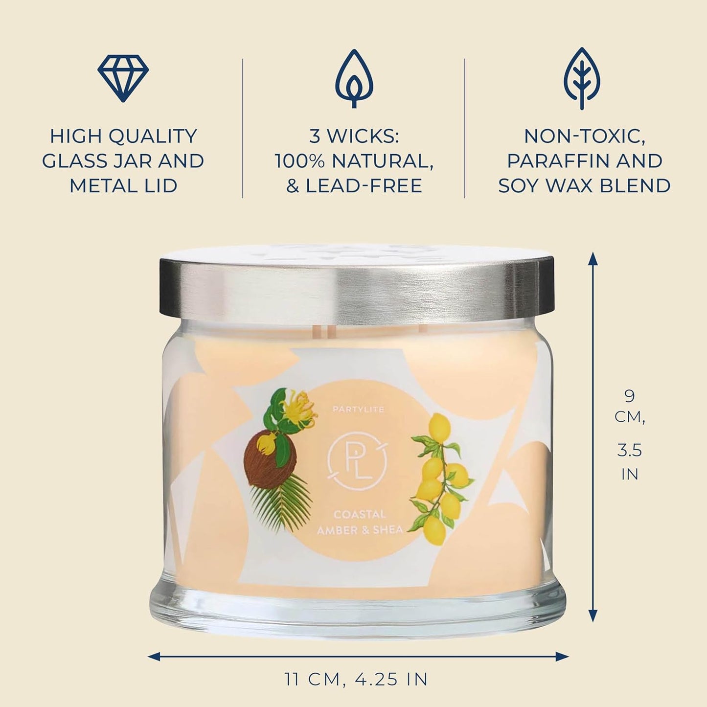 PartyLite Coastal Amber & Shea Scented, Notes of Ylang Flower, Citron, Sweet Coconut & Amber Creme, 13.2oz 3-Wick Jar Candle, 45 Hour Burn Time, Luxurious Fragrance, Ideal for Gifting