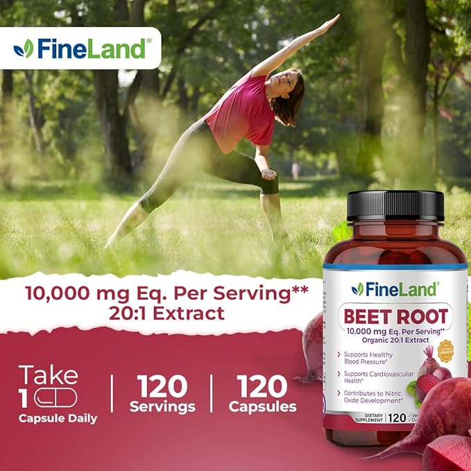 FineLand Beet Root 20x Full Spectrum Eq. to 10,000 mg Per Capsule, Extra Strength, Athletic Cardiovascular Support, Nitric Oxide, Blood Pressure Support, 120 Veggie Pills, 100% Vegan