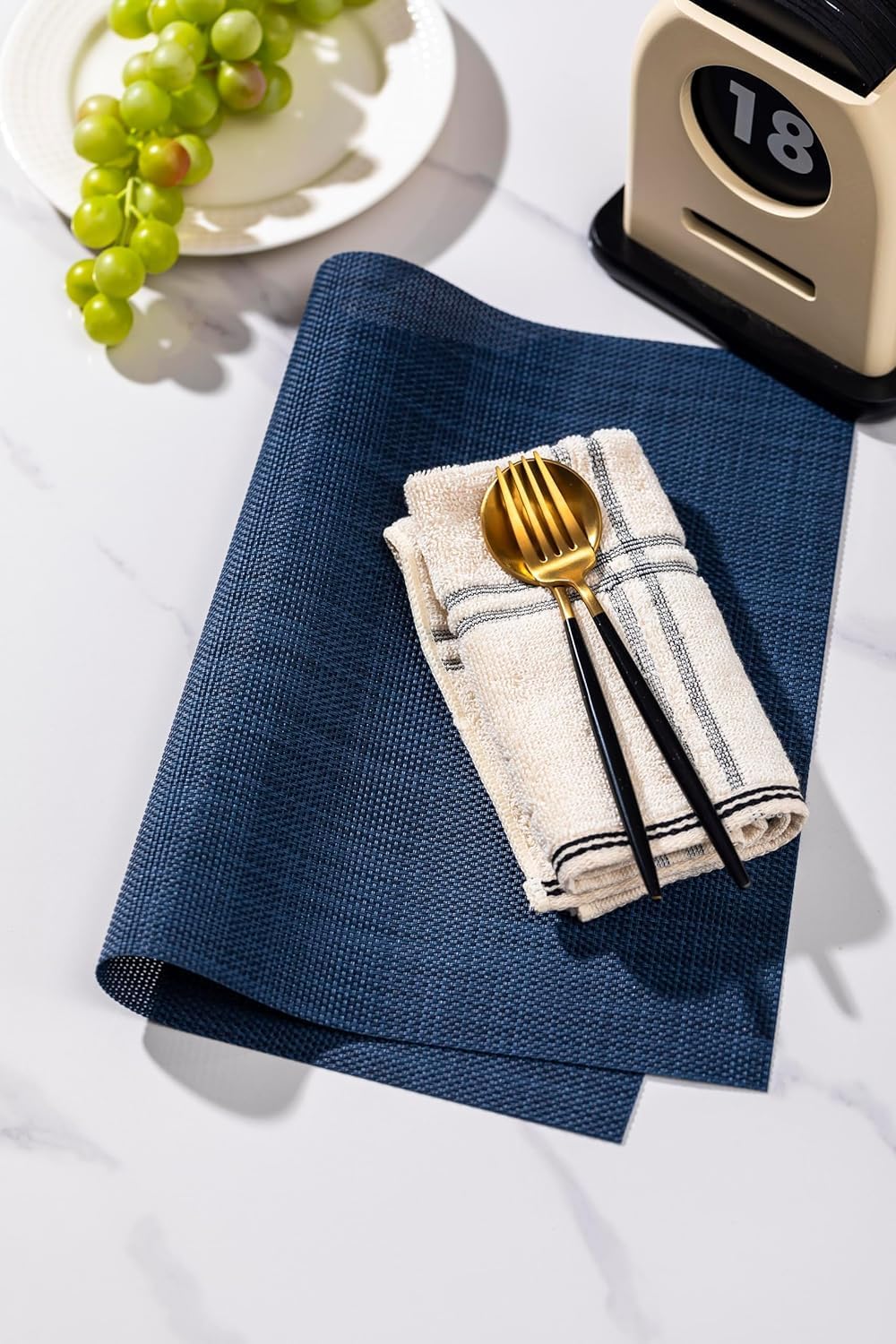 LEXMORE PlaceMats Set of 12 Vinyl/Plastic Woven Place Mats for Kitchen Table Indoor/Outdoor Washable PlaceMats Wipeable Dining Table Mats(Navy Blue)
