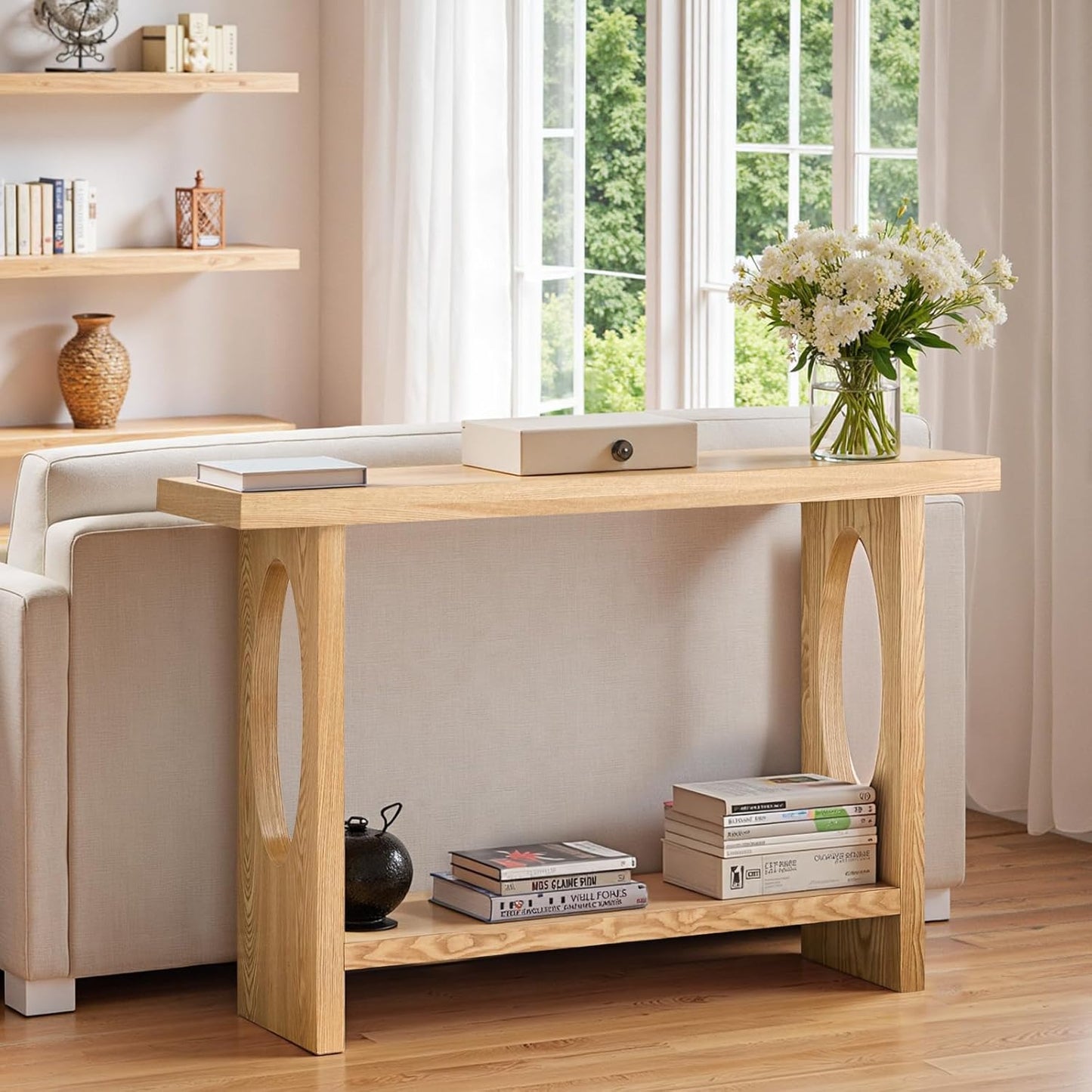 BECHAEO 47-Inch Farmhouse Narrow Console Table, 2'' Thickened Entryway Table with Solid Wood Veneer, 2-Tier Sofa Tables Behind Couch, Rectangle Hallway Tables for Living Room, Foyer Rustic Oak