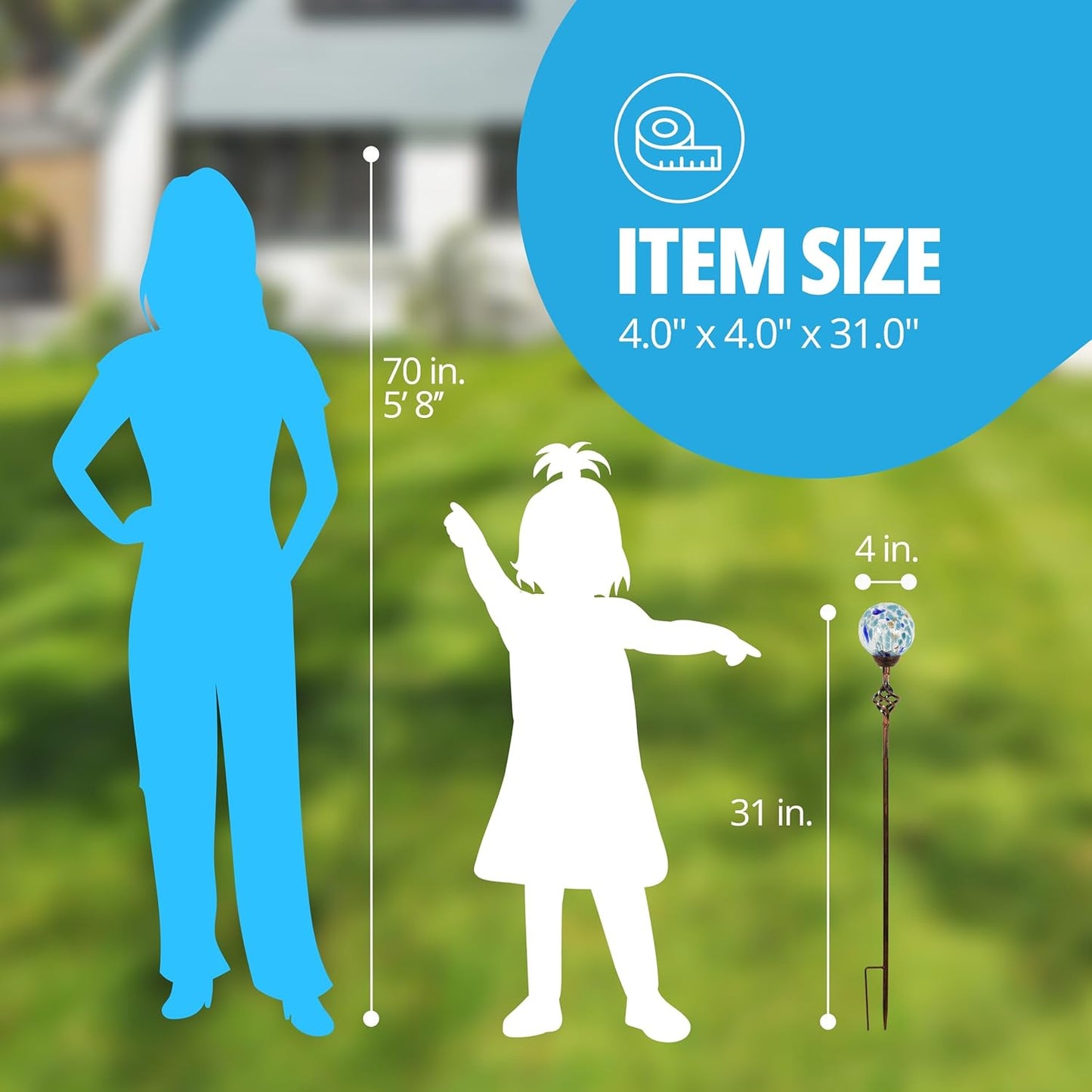 Exhart Garden Solar Lights, Decorative LED Honeycomb Glass Ball Garden Stake, Glass and Metal Outdoor Decoration, Blue, 4 x 31 Inch