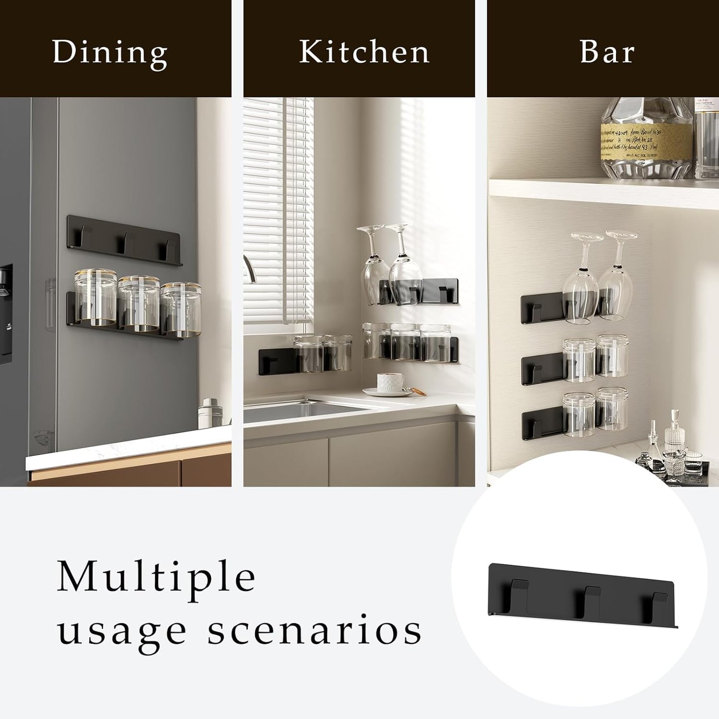 Cup Holder, 4 Pack Wine Glass Holder,No Drilling Installation Wine Glass Holder Wall Mounted for Dining Room, Kitchen and Bar Daily Use (Classic Black)