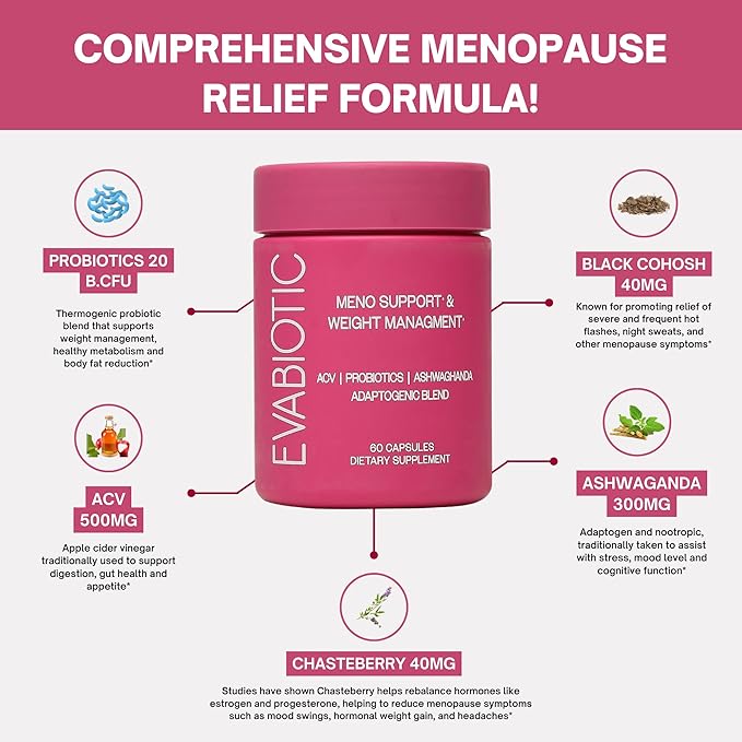 Complete Menopause Support | Ashwaghanda, Probiotics, ACV + Chasteberry for Weight Management, Hot Flashes, Night Sweats, Bloat, Hormone Balance & Mood Swings* | Non GMO, Vegan 60 Caps