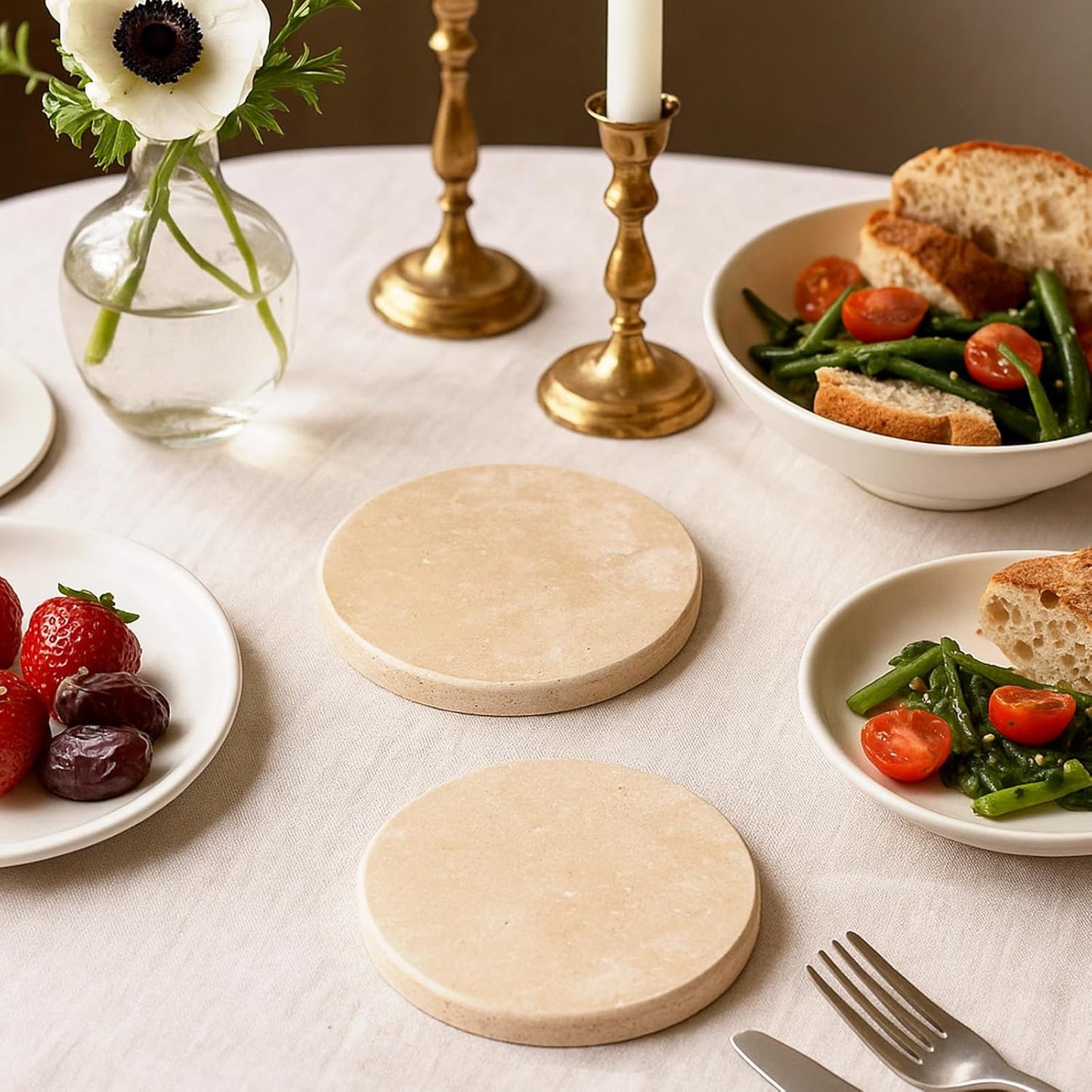 Beige Natural Travertine Marble Coasters Set of 4, Round 4 Inch Diameter Drink Marble Coasters for Housewarming Gifts, Anniversaries, Office Decorations Protect Tables from Stains & Scratches