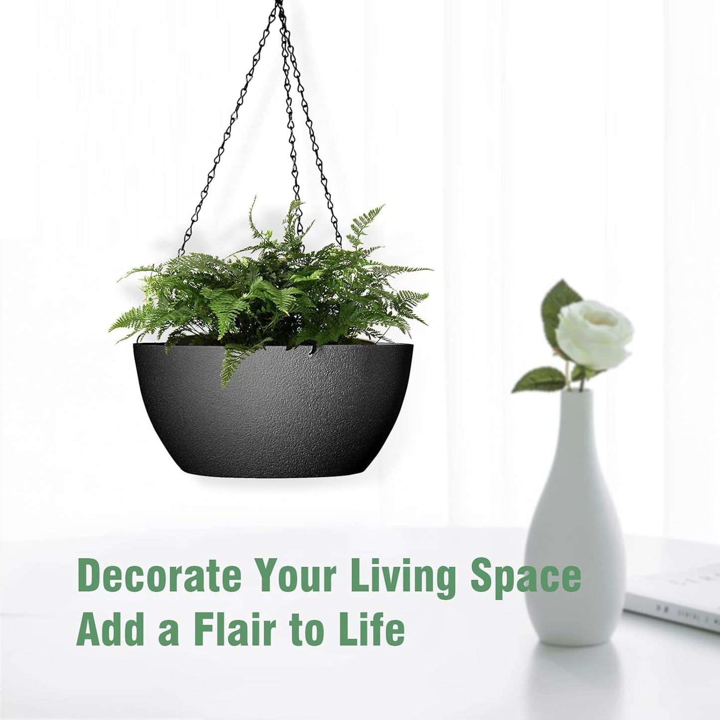 13 inch Large Hanging Planters Plant Pots for Outdoor Indoor Plants with Drainage Holes and Chain, 2 Pack Round Hanging Flower Pots for Garden Home Porch Decor, Black