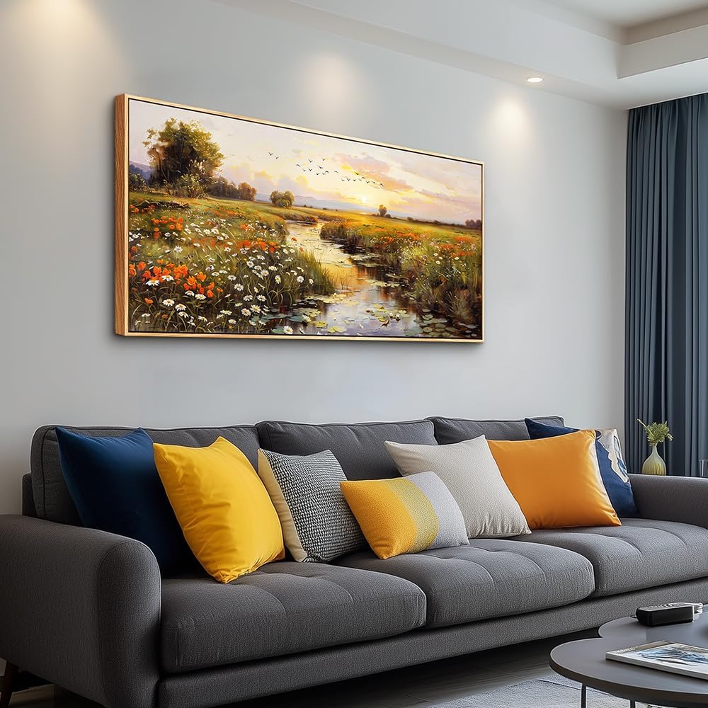 PHAOHUAXM Large Canvas Wall Art For Living Room Wall Decor For Bedroom Watercolour Painting Office Decoration Countryside Sunrise Scenery Wall Picture Home Decor Ready To Hang 30x60 In Wood Framed