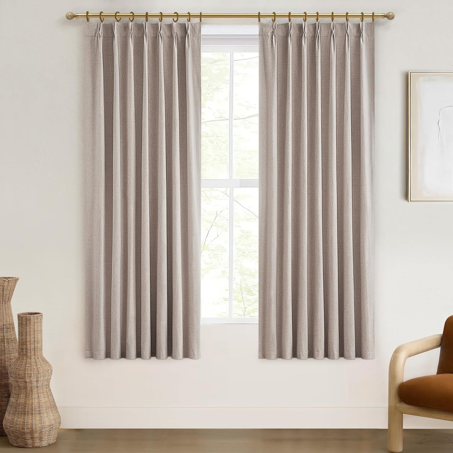 Textured Thick Burlap Cafe Small Window Curtains 45 Inch Length, Boho Farmhouse Pinch Pleated Curtains Blackout Heat Blocking Flax Linen Drapes 2 Panels Set Back Tab for Closet Without Door