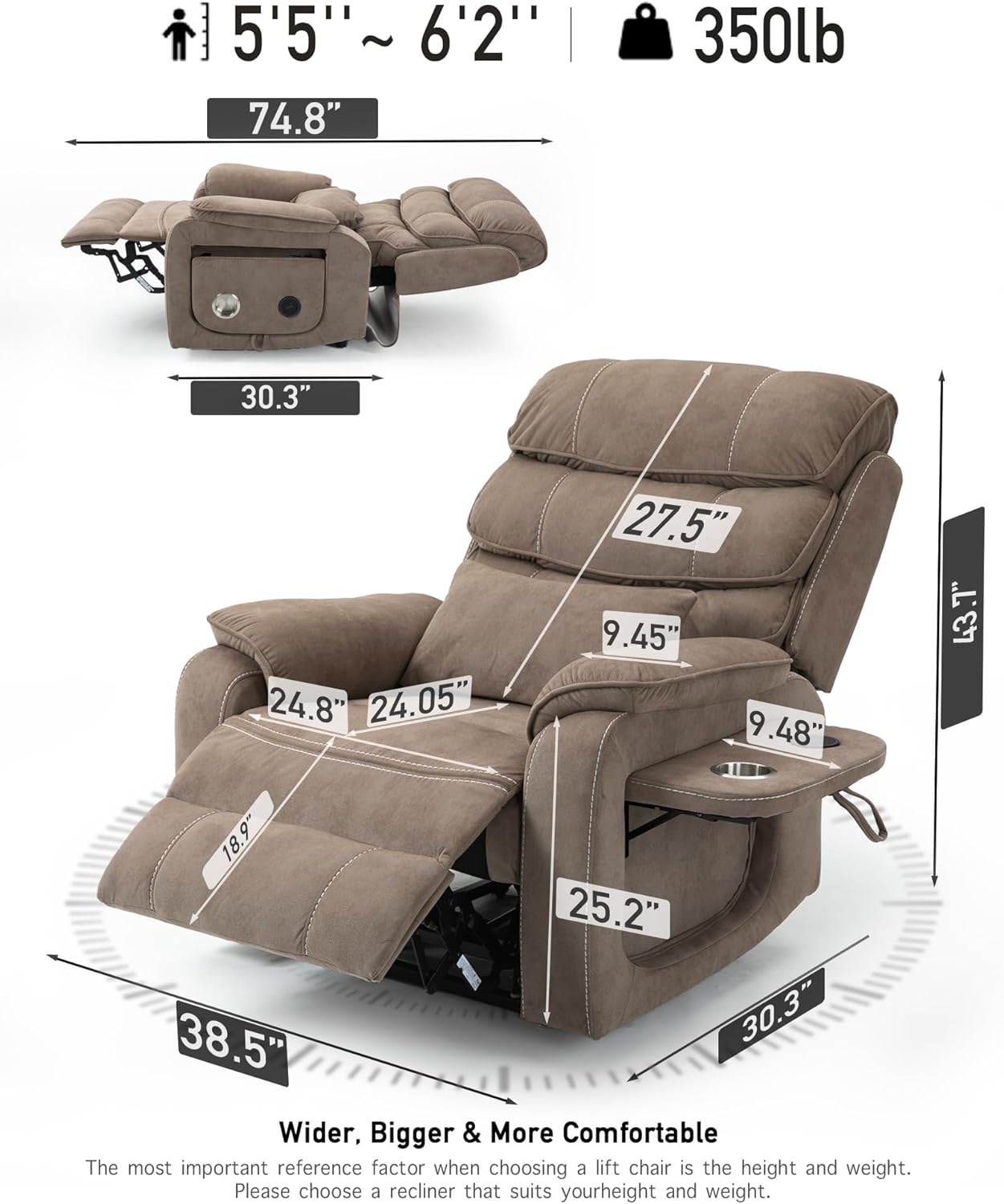 Large Power Lift Chairs Recliners for Elderly with Heated and Massage, Upgraded Dual Motor Lay Flat Recliners, 25in Extra Wide Seat, Folding Tablet, Side Pocket