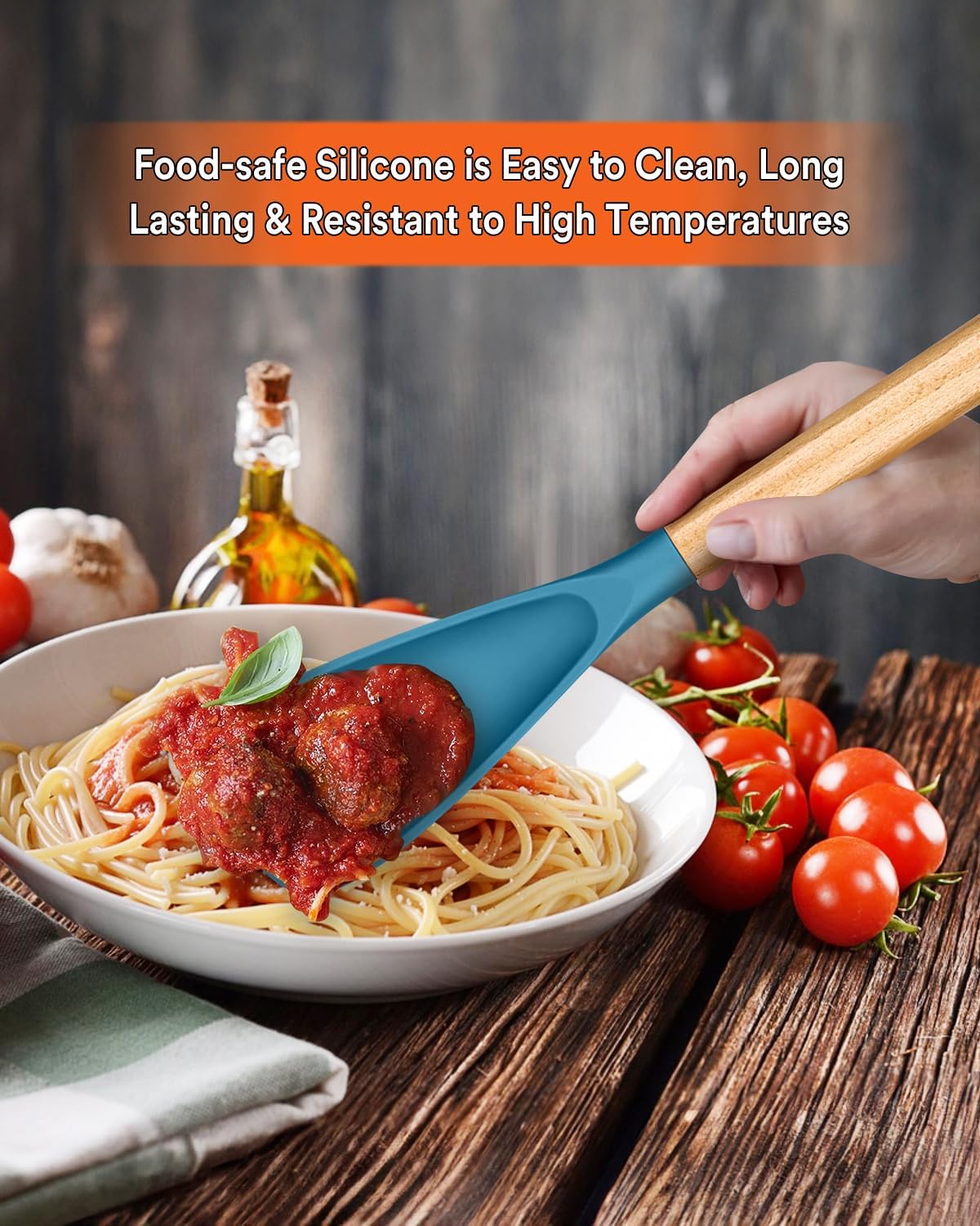 Cooking Spoon for Nonstick Cookwares, Great for Cooking and Serving Sturdy BPA-Free Matte Silicone, Wood Handle Spoon for Mixing, Scoop, and Scrape (Khaki & Turquoise, 13.4 inch)