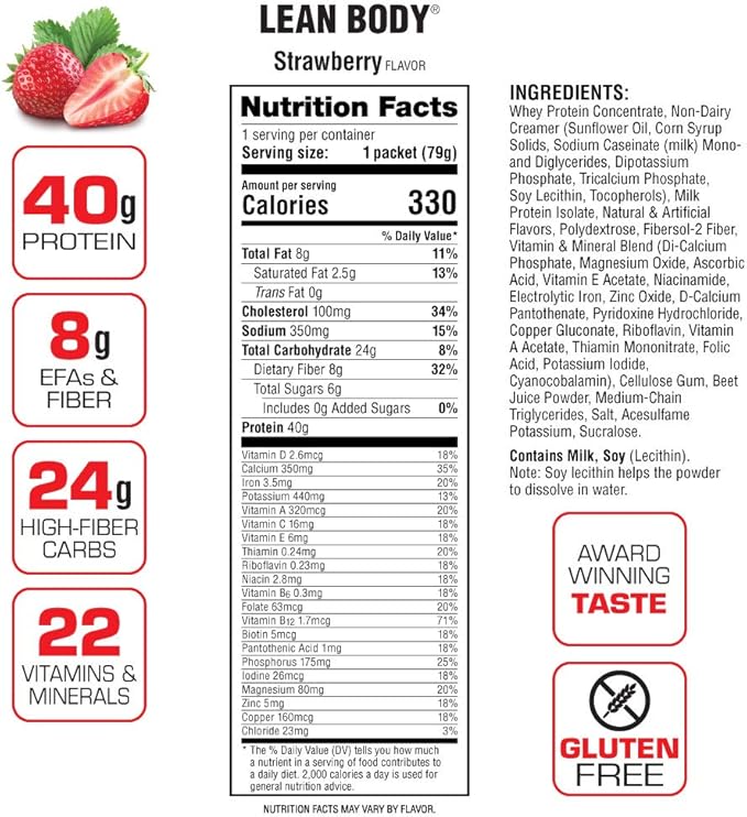 Labrada Lean Body MRP All-In-One Strawberry 40g Protein, 8g Healthy 22 Vitamins (20 Packets)