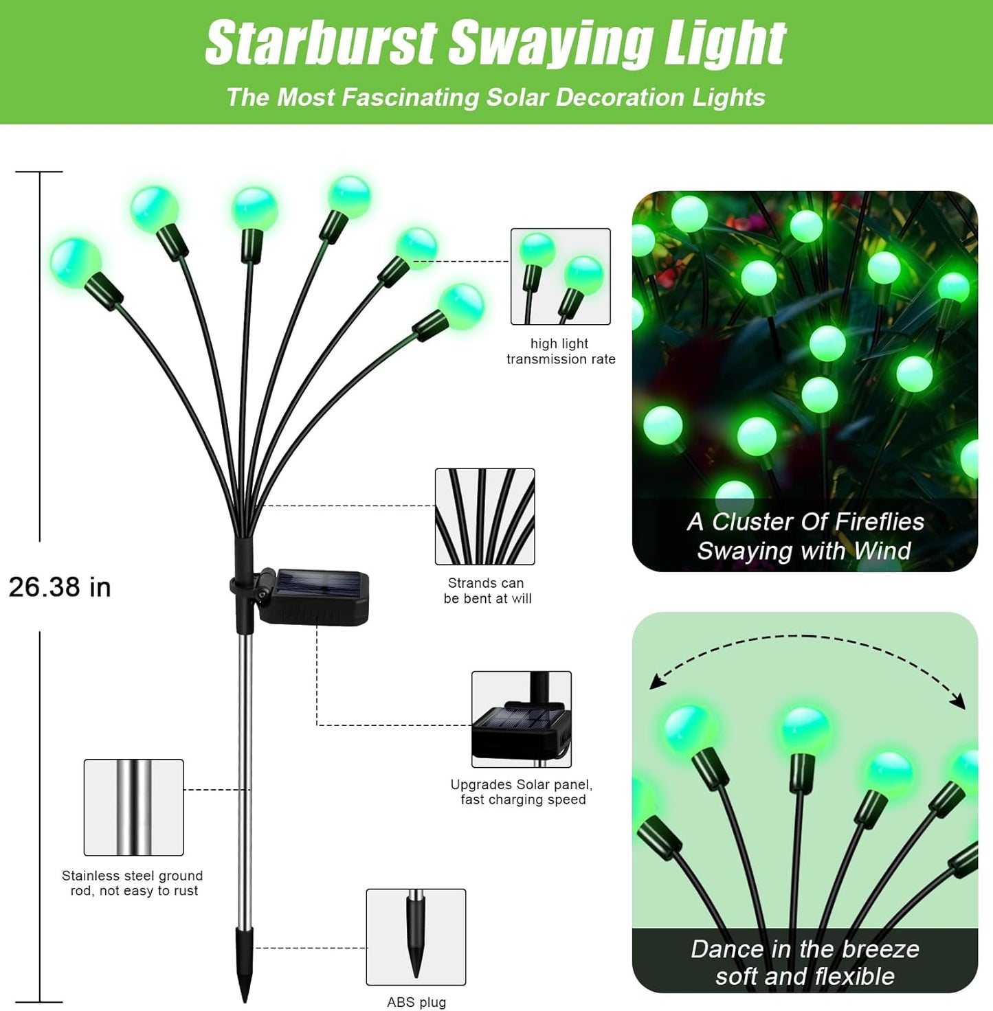 Solar Garden Lights Outdoor, 4 Pack 24LED Waterproof Solar Powered Lights for Yard Pathway Patio, Swaying Lawn Decor as Gardening Gifts for Women Holiday(4 Pack Green)