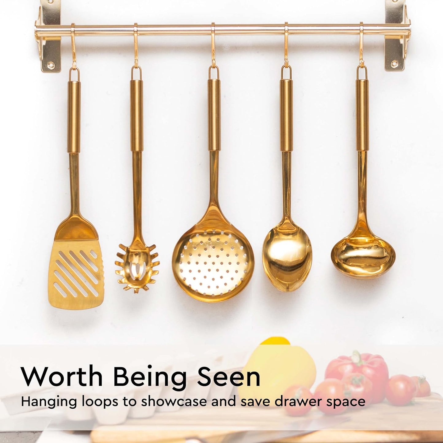 Gold Cooking Utensils Set – 5-Piece Stainless Steel Kitchen Tools for Modern Cooking and Serving – Dishwasher Safe Ladle, Spoon, Spatula, Pasta Fork, Luxury Brass Kitchen Accessories for Home Chefs