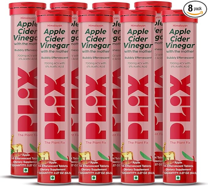PLIX THE PLANT FIX Apple Cider Vinegar Effervescent Tablets with The Mother, 700mg ACV with VIT B12, B6, Pack of 8 |Vegan, No Added Sugar, Non-GMO & Gluten-Free