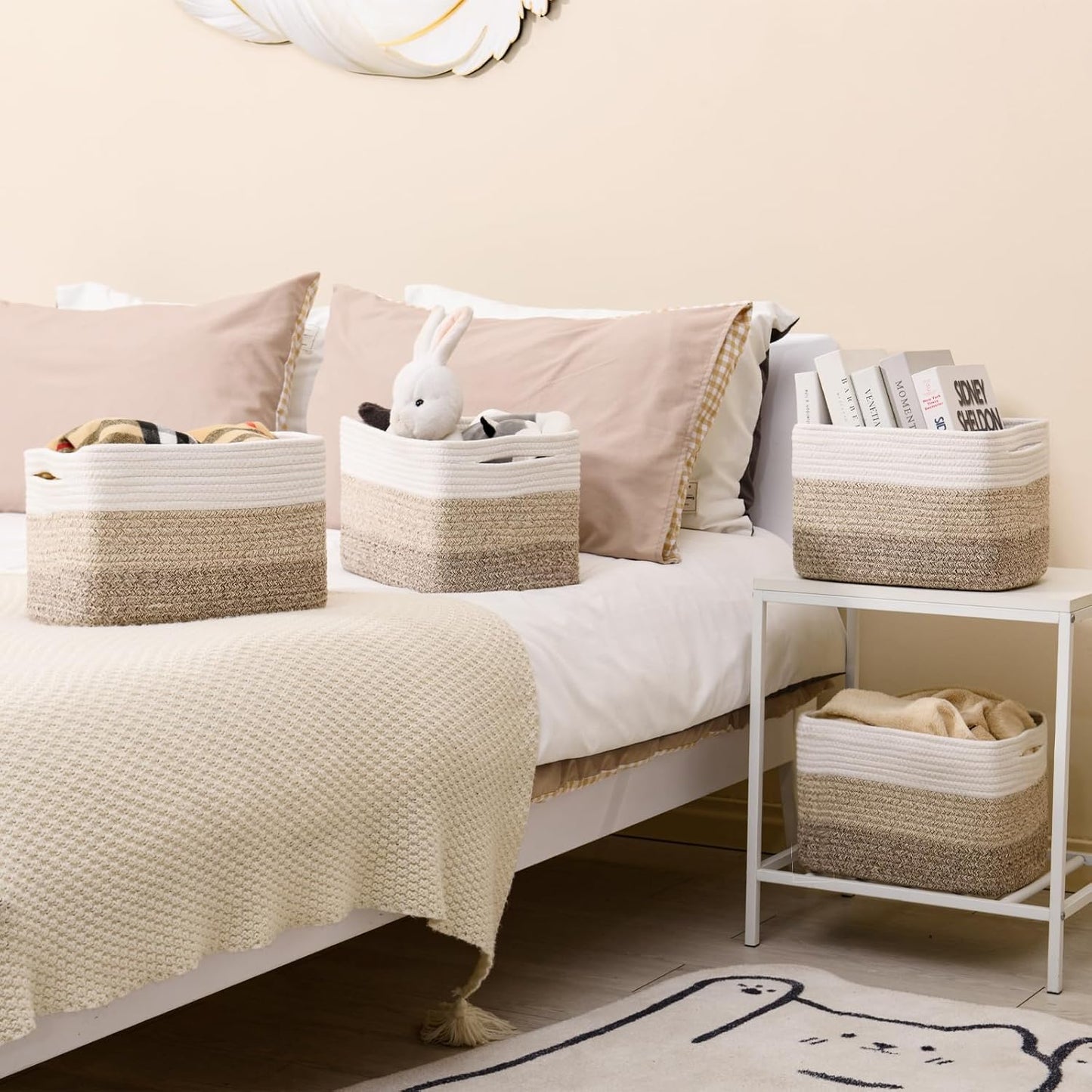 Shelf Baskets for Organizing, Storage Baskets for Shelves, Woven Baskets for Storage, Cotton Rope Baskets with Handles for Toy, Book, Clothes, 12.5"Lx9.1W"x7.9H", (4 Packs) Gradient Brown