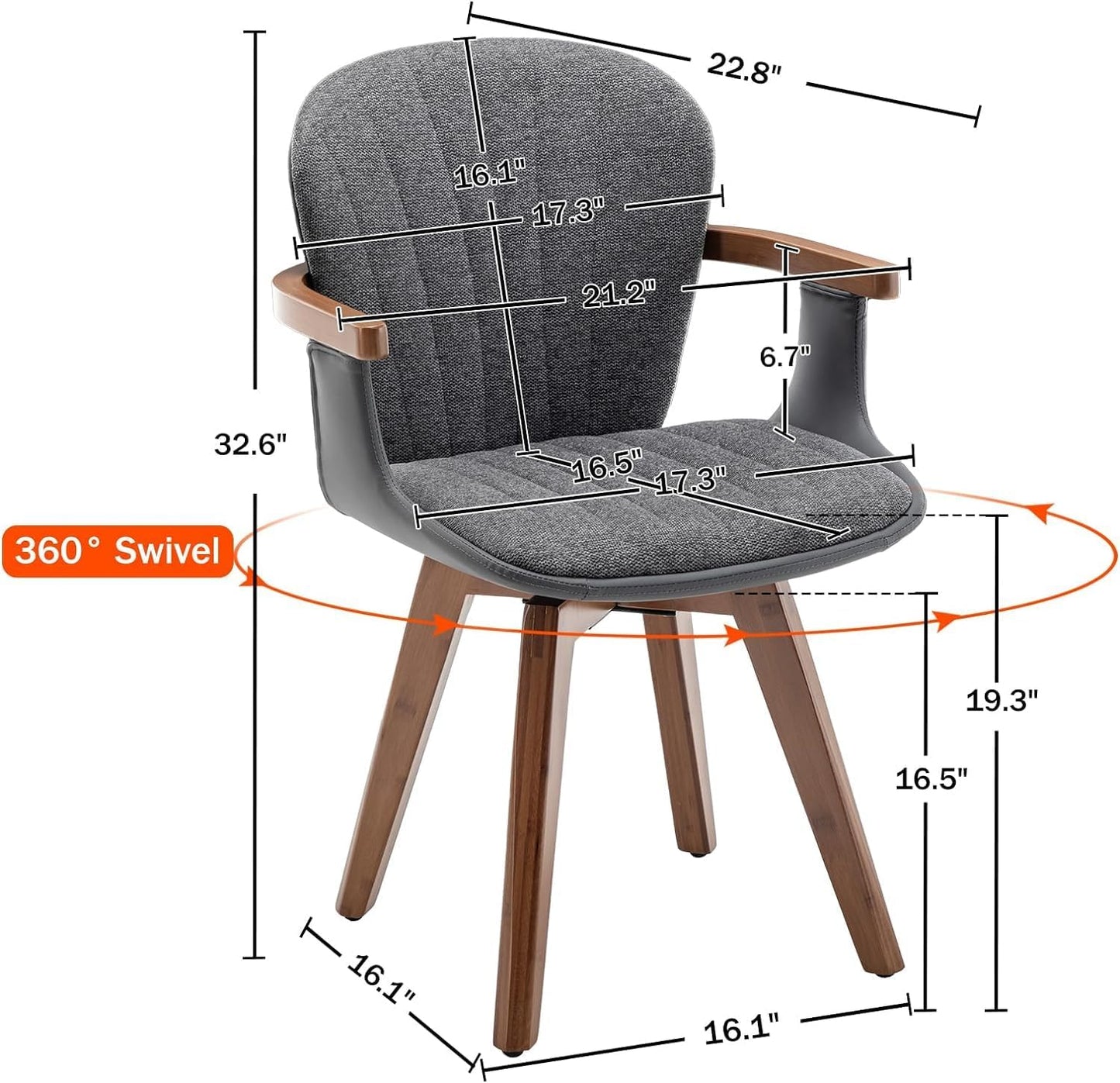 LUNLING Swivel Dining Chairs Set of 4, Mid Century Modern Gray Fabric+Faux Leather Kitchen Chairs with Arms,Bamboo Legs Side Chairs No Wheels,Accent Chair for Dining Rooms and Offices(Gray Fabric)