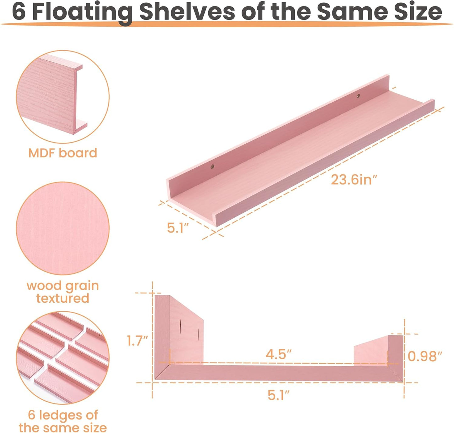 upsimples Pink Shelves for Wall, Kawaii Room Decor for Teen Girls, Bedroom, Living Room, Game Room, 6 Pack 23.6 inch Long Wall Mounted Wood Shelves for Picture, Plants