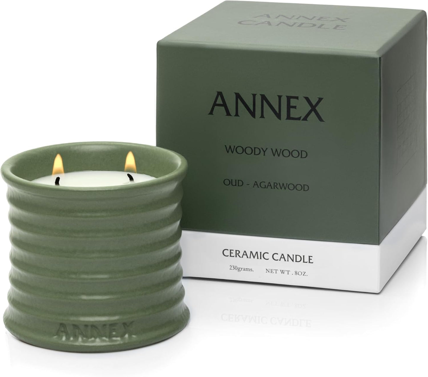 Scented Luxury Candles in Handmade Ceramic Jars, Soy Wax | Woody Wood โ Oud & Agarwood, Large Candle | Non Toxic, 2 Wicks, Reusable Big Olive Green Jar | Natural Spring Aromatherapy for Women & Men