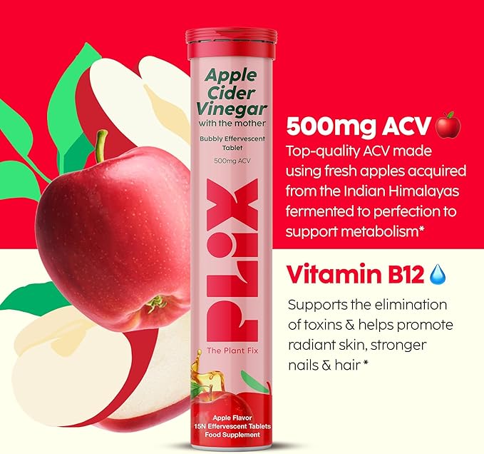 PLIX THE PLANT FIX Apple Cider Vinegar Effervescent Tablets with The Mother, 700mg ACV with VIT B12, B6, Pack of 12 |Vegan, No Added Sugar, Non-GMO & Gluten-Free
