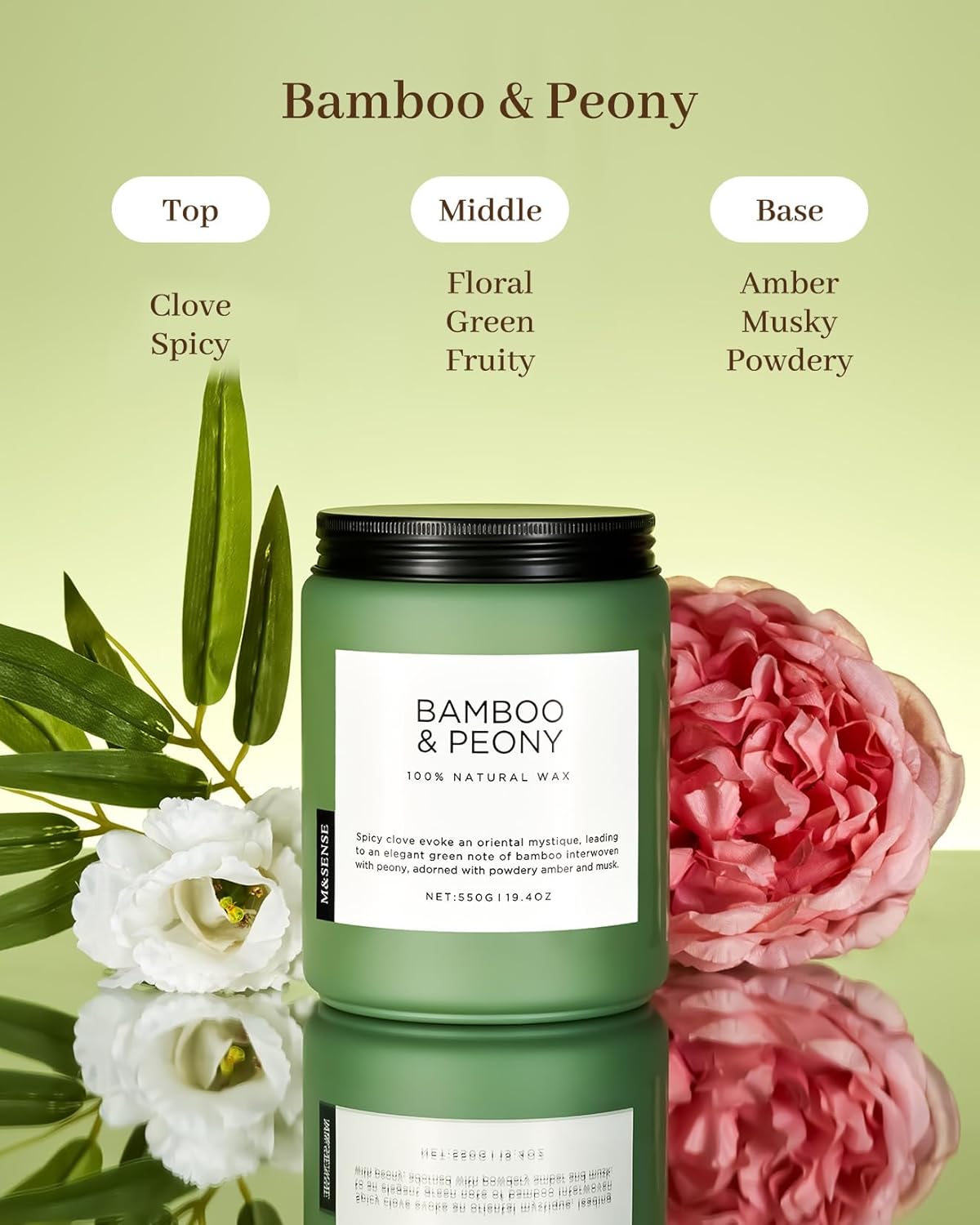 M&SENSE Bamboo Peony Spring Large Candles for Home Scented 19.4oz 110 Hour Long Lasting Burn Natural Organic Soy Candle Gifts for Women, Fresh Smelling Aromatherapy Gifts for Stress Relief
