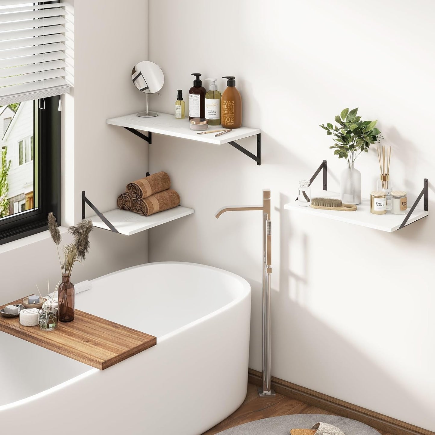 Fun Memories 27.5" W x12 D Floating Shelves, White Wall Shelf with Brackets, 12 Inch Deep Floating Shelf Set of 2, Large Storage Kitchen Living Room Bathroom Shelves, Wood Wall Mounted Shelf