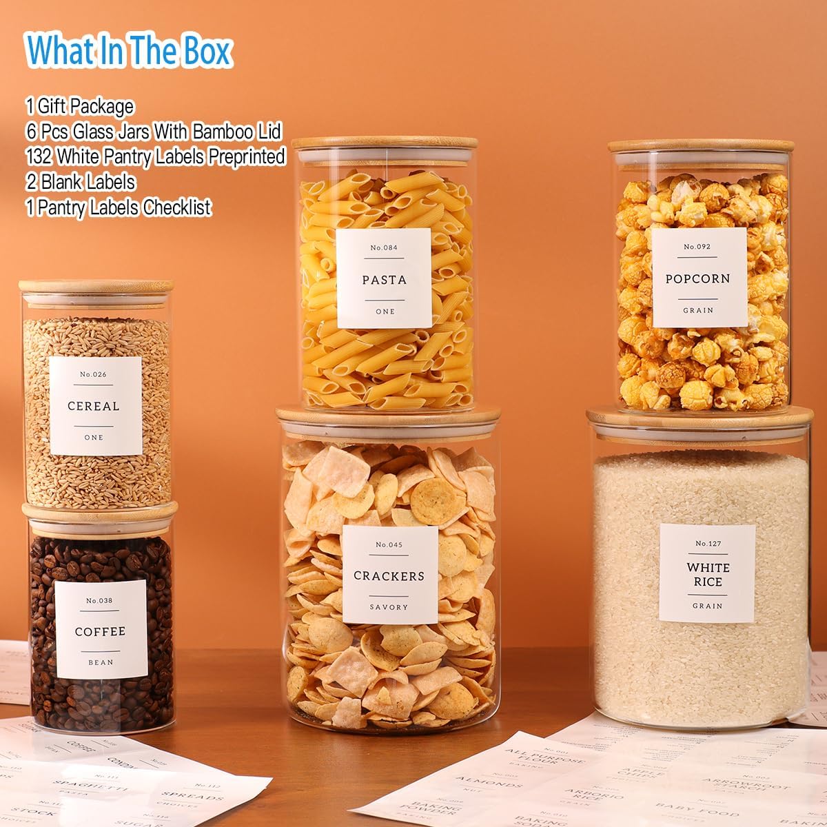 6-Pack Borosilicate Glass Storage Jars with Bamboo Lids + 132 Pre-Printed Pantry Labels Included, BPA-Free Thicken Airtight Containers for Flour, Sugar, Rice, Microwave & Freezer Safe(100OZ/54OZ/27OZ)