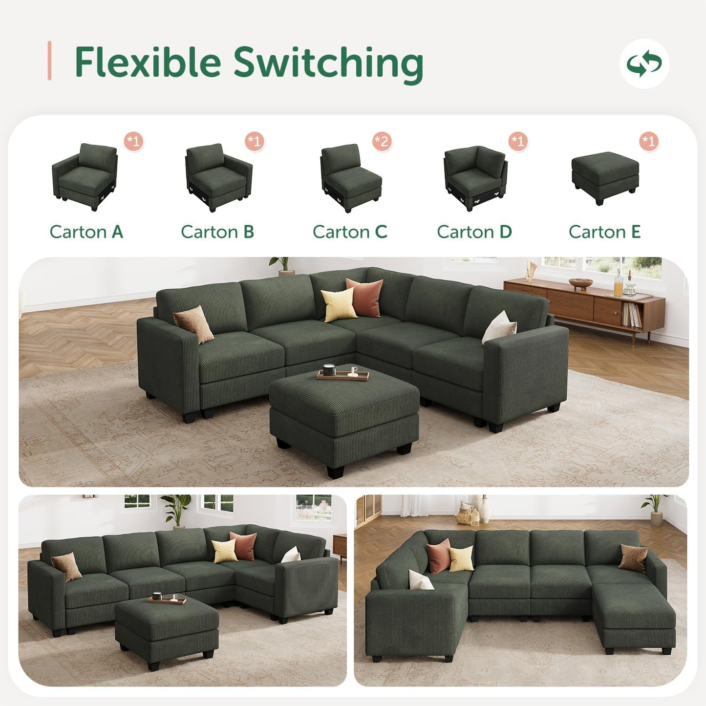 HONBAY Corduroy Modular Sectional Couch with Storage L-Shaped Sectional Couches for Living Room 6 Seater Modular Sofa, Green