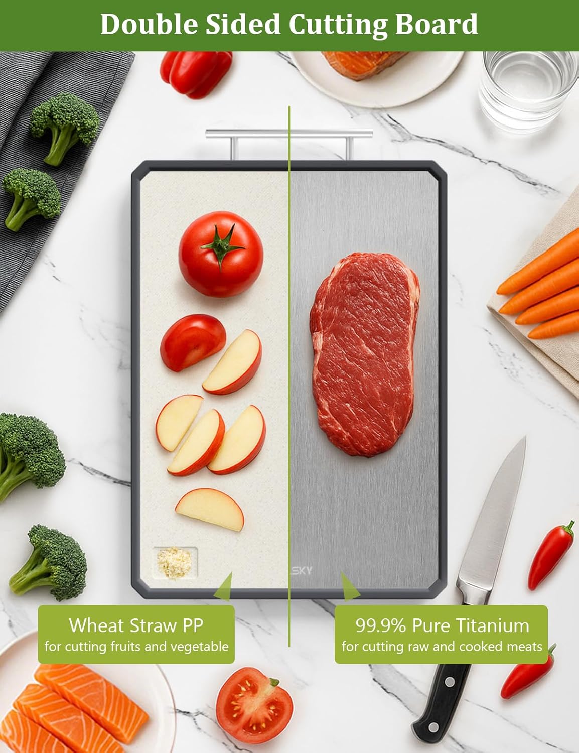 Titanium Cutting Boards for Kitchen, 2 in 1 Metal Cutting Board for Chopping Meat/Vegetables, Double Sided Pure Titanium&Wheat Straw PP Chopping Board, Food-Grade, Dishwasher Safe Large 16.3”×11-1 PC